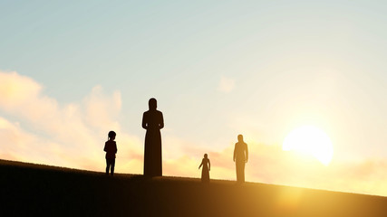 People Silhouette at Sunset 3D Rendering