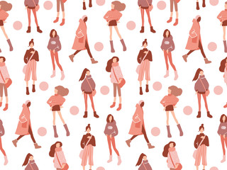 Vector seamless pattern with young women in modern style. Young People background.