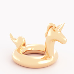 Inflatable golden unicorn pool toy on white background, 3D illustration