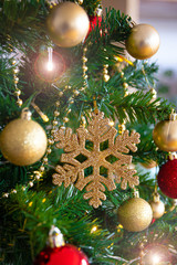 golden snowflake-shaped Christmas ornament hanging from green tree