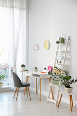 Stylish room interior with beautiful plants. Home design idea