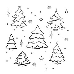 Christmas trees doodle set. Collection of hand drawn decorated christmas trees. Vector illustration. Isolated on white.