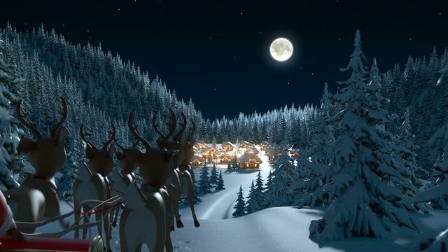 Santa Claus Arrives in a Village in the Forest. Beautiful Merry Christmas 3d Animation, Full HD