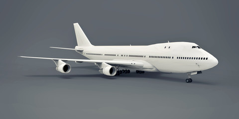 Large passenger aircraft of large capacity for long transatlantic flights. White airplane on gray isolated background. 3d illustration.