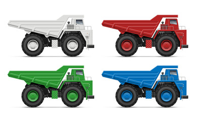 Quarry dump trucks view from side isolated on white background. Construction and mining vehicle vector template, all elements in the groups on separate layers for easy editing and recolor