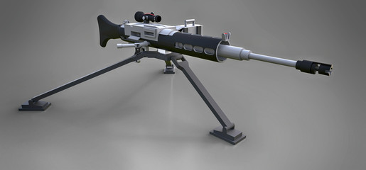 Large machine gun on a tripod with a full cassette ammunition on a grey background. 3d ilustration.