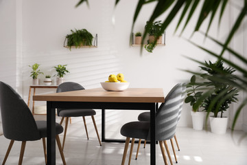 Ripe quinces on wooden table in room decorated with potted plants. Home design