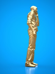 Gold figure of a black man talking on the phone. 3d rendering.