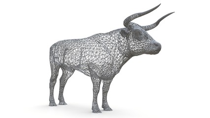 Three-dimensional mesh model of a bull. The static figure of a calm animal. A sculpture of a bull of the polygonal frame. 3d illustration.