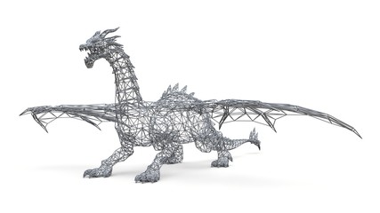 Big dragon stands on the ground. Three-dimensional illustration of the polygonal mesh on a white background. 3d illustration.