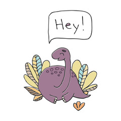 Stock vector print with young purple dinosaur sites in tropical bushes and says Hey!. Cut Illustration for boys and girls  t-shirt prints and children or kids design