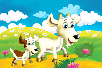Obraz na płótnie Canvas Cartoon farm scene with animal goat having fun - illustration for children