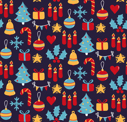 Christmas New Year colorful cute icons seamless vector pattern