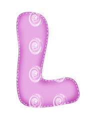 Letters of English alphabet and numbers from stitched rags of multi-colored weaving. Isolated objects on white background