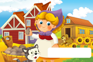 cartoon scene with happy woman working on the farm with frame for text - standing and smiling illustration for children