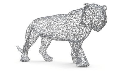 The figure of a tiger is made of a spatial polygonal grid. Animal symbol of 2022. 3d illustration.