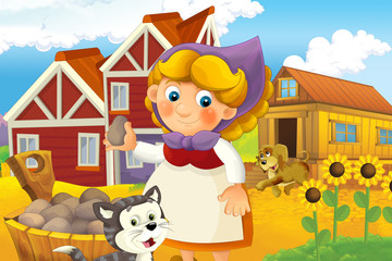 cartoon scene with happy woman working on the farm - standing and smiling illustration for children