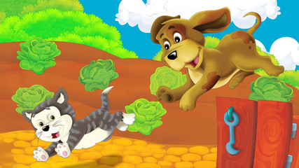 Obraz na płótnie Canvas cartoon scene with dog on a farm having fun - illustration for children