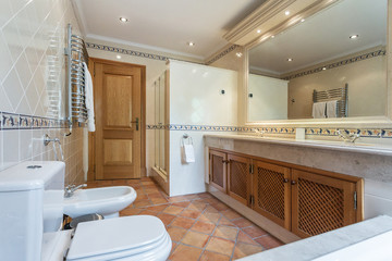 Modern toilet with bathtub and beautiful decor.