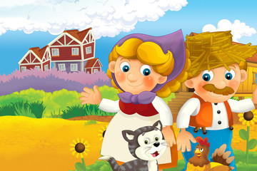 Obraz na płótnie Canvas Cartoon happy farm scene - farm couple man and woman happy - illustration for children