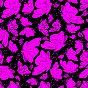 Floral seamless pattern with cute pink butterflies isolated on black background. Vector illustration.