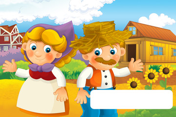 Obraz na płótnie Canvas Cartoon happy farm scene - farm couple man and woman happy with frame for text - illustration for children