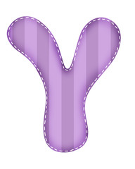 Letters of English alphabet and numbers from stitched rags of multi-colored weaving. Isolated objects on white background