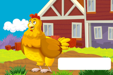 Cartoon farm happy scene with standing hen chicken farm bird with frame for text - illustration for children