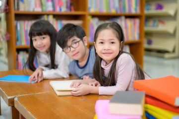 Asian Kids Reading Book in School Library with a Shelf of Book in Background, Asian Kid Education Concept