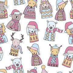 Seamless pattern of hand drawn winter Christmas animals in Scandinavian style on white background