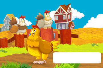 Obraz na płótnie Canvas Cartoon farm happy scene with standing hen chicken farm bird with frame for text - illustration for children