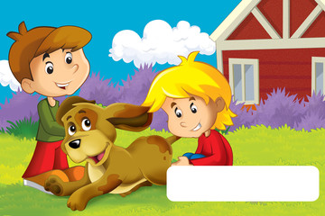 Fototapeta na wymiar cartoon scene with dog on a farm having fun with frame for text - illustration for children