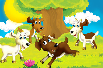Cartoon farm scene with animal goat having fun - illustration for children