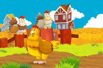 Obraz na płótnie Canvas Cartoon farm happy scene with standing hen chicken farm bird - illustration for children