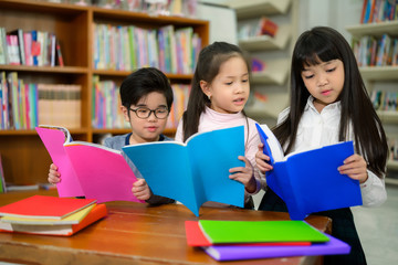 Asian Kids Reading Book in School Library with a Shelf of Book in Background, Asian Kid Education Concept