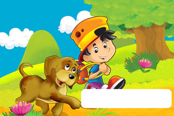 Obraz na płótnie Canvas cartoon scene with dog on a farm having fun with frame for text - illustration for children