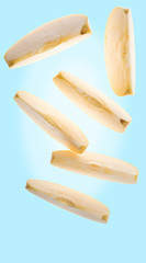 Yellow apple sliced falling down(Chantecler, chanteclerc, Malus domestica). Variety mix of Golden Delicious and the Clochard Pippin. Front view. Pastel blue background.