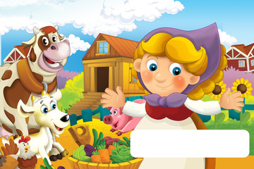 cartoon scene with happy woman working on the farm with frame for text - standing and smiling illustration for children