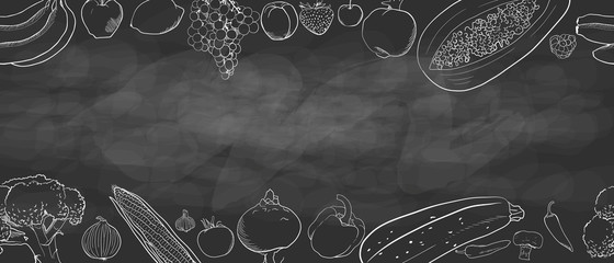 hand drawing.copy space. seamless pattern with fruits and vegetables. banana lemon grapes peach Strawberry  cherry Garnet papaya raspberry corn garlic  mushroom