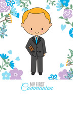 Communion Card. Boy with a bible and flower background