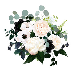 Black plants and creamy flowers glamour vector design bouquet