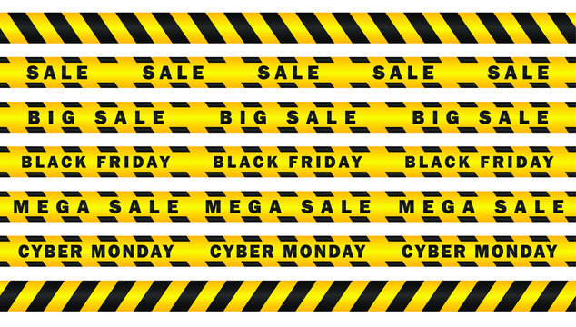 Realistic Seamless attention SALE yellow black diagonal stripes tape. Safety danger ribbon signs.Warn Caution symbol.  Mega sale, black Friday, cyber Monday. Isolated on white background.