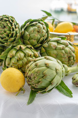 Obraz premium Bunch of fresh raw artichokes heads from artichoke plantation in Argolida, Greece ready to cook with lemon