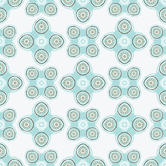 Rounded modern geometric seamless pattern with decorative mosaic shapes that alternate and repeat in a symmetrical print. Soft white, aqua blue and warm gray. For stationery, textiles, home decor.
