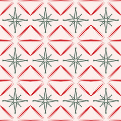 Retro Christmas mid century seamless pattern in vintage red and green with pink background. Stylized geometric design with 1950s, 1960's starburst. For gift wrapping paper, textiles and holiday cards.