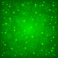 Green Shining background. Glow dots and glittering stars on green background. Vector.