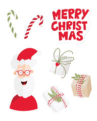 Laughing Santa Claus with big white beard and red glasses, red hat on green background with Merry Christmas lettering.