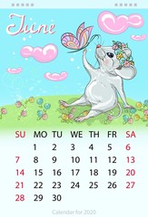 Calendar for the year 2020 of the white rat. Handwritten inscription of the month of June. Decorative greeting card happy childhood day, New year and Christmas. Image of a mouse with a butterfly.