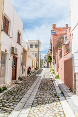Traditional alleys in Syros capital on a beautiful sunny day, Cyclades, Greece