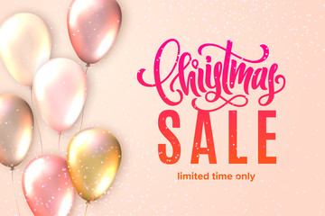 Merry Christmas sale. Lettering. Elegant greeting card with realistic glossy flying balloons and sparkling confetti. Decoration template for a banner, poster,  invitation. Vector illustration